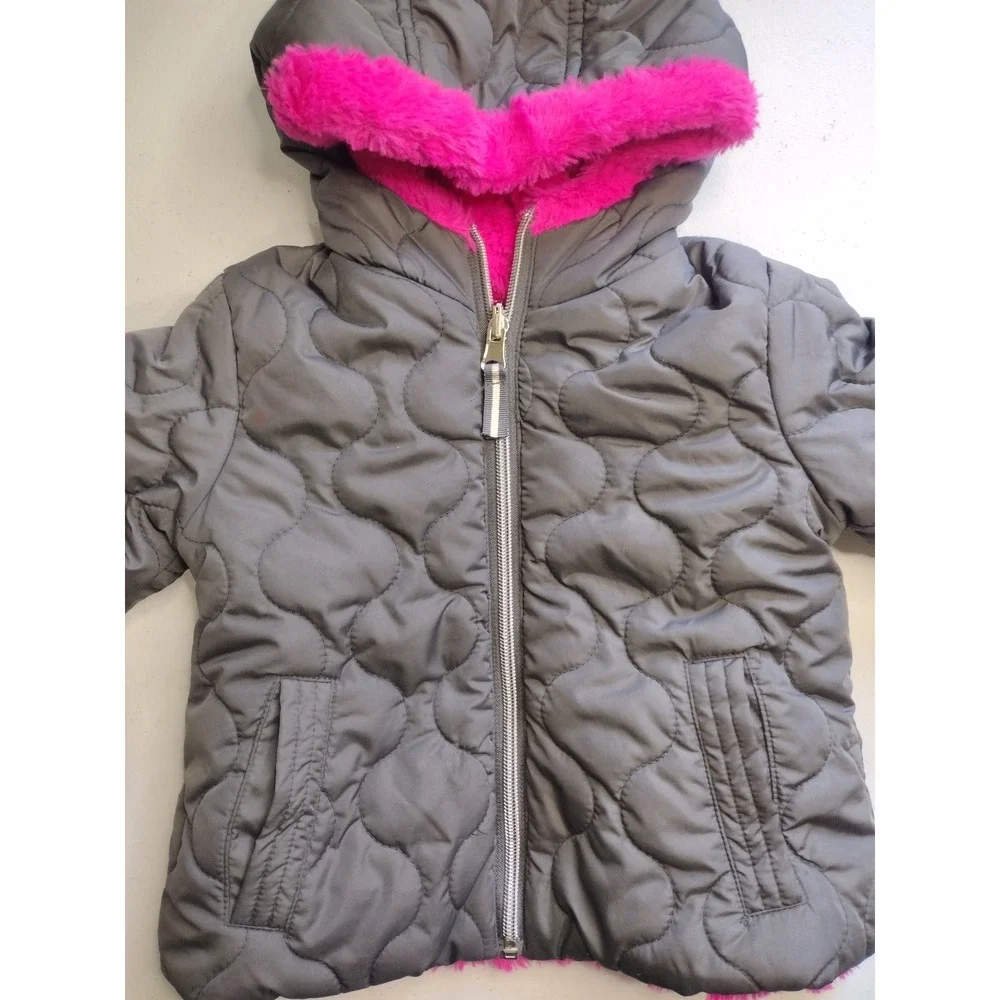 Pistachio Girls Reversible Puffer Jacket Gray Pink Faux Fur Hooded‎ Kids 2t